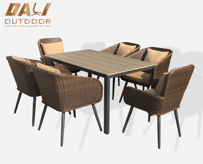 High End 7PCS Patio โต๊ะและเก้าอี้กลางแจ้งชุดเฟอร์นิเจอร์หวายสวนสำหรับห้องรับประทานอาหาร